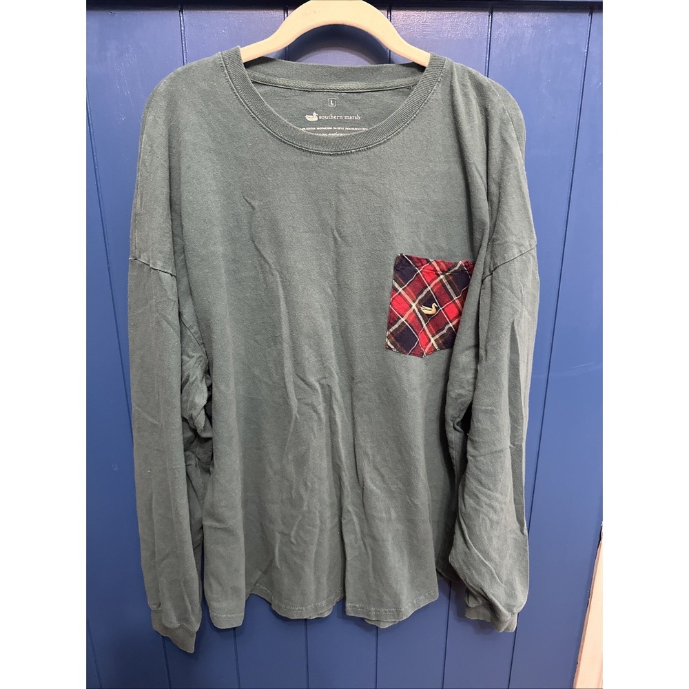 Southern Marsh Shirt Mens Large Green Long Sleeve Crew Neck Back Spell Out Tarta